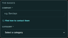 The new debt form: company, a link reading find how to contact them, and a category to pick.
